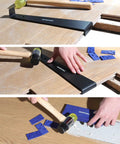 Laminate Wood Flooring Installation Kit with double faced mallet, pull bar, tapping block, 30 spacers in use for tight seams.
