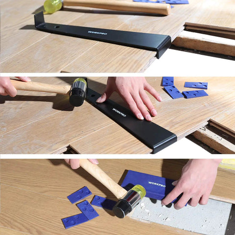 Laminate Wood Flooring Installation Kit with double faced mallet, pull bar, tapping block, 30 spacers in use for tight seams.