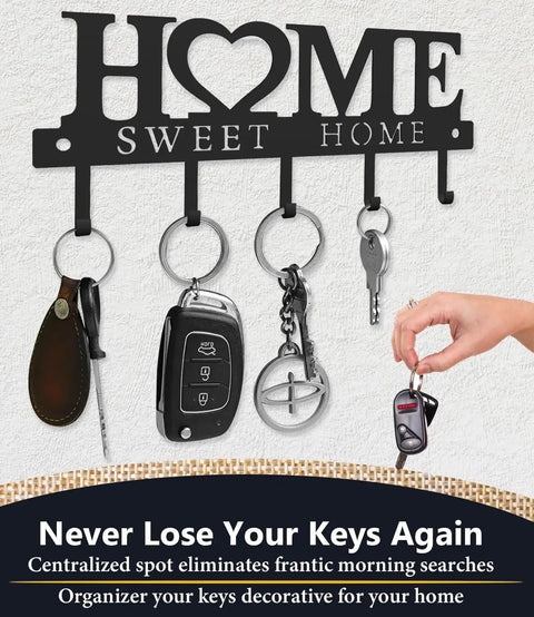 Wall Mounted Key Holder With Hooks Organizer Rack For Entryway Front Door Kitchen Hallway Garage And Mudroom Durable Black Iron Decor Stylish And Practical For Quick Key Drop And Everyday Use