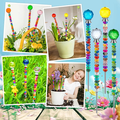 Awesome DIY Fairy Wand Garden Stakes Kit includes 230pcs colorful beads, used as decorative garden markers in various plants.
