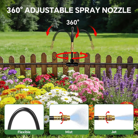 360 adjustable spray nozzle in garden with flowers, part of No-Fuss Drip Irrigation System For Garden With 38 Adjustable Copper Nozzles And Emitters, Automatic Outdoor Watering Kit
