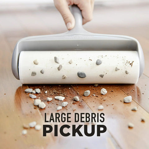 Heavy Duty Lint Roller For Pet Hair And Debris Fifty Percent Stickier Extra Large Roll Perfect For Clothes Furniture Cars And Office Surfaces Sixty Adhesive Sheets Included For Deep Clean Every Mess, picking up debris on wood floor