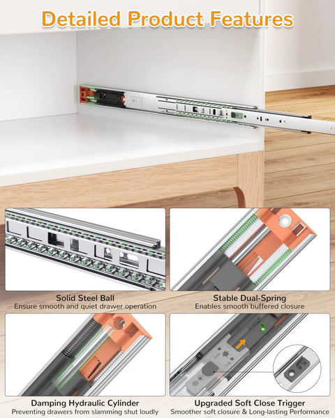 24 Inch Side Mount Soft Close Drawer Slides Full Extension 10 Pairs Solid Steel features close-up of smooth glide and hydraulic cylinder.