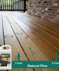 Badass Semi Transparent Outdoor Wood Stain And Sealer Combo Natural Pine Color One Gallon Bucket shown on a finished wooden deck.