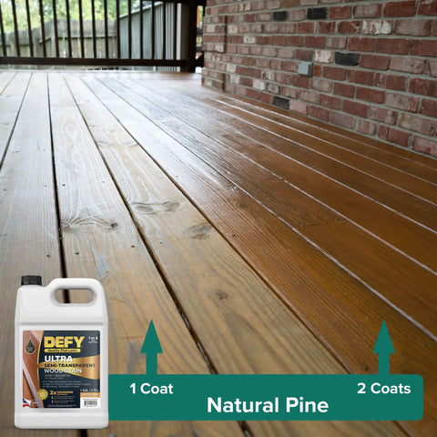 Badass Semi Transparent Outdoor Wood Stain And Sealer Combo Natural Pine Color One Gallon Bucket shown on a finished wooden deck.