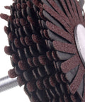 Close-up of Seven Pack Abrasive Cloth Flap Wheel With One Quarter Inch Shank 80mm Diameter For Woodworking Root Carving