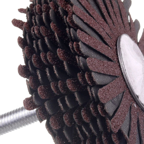 Close-up of Seven Pack Abrasive Cloth Flap Wheel With One Quarter Inch Shank 80mm Diameter For Woodworking Root Carving