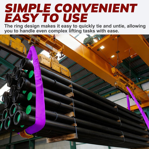 Endless Round Lifting Sling 20 Ft Polyester Heavy Duty Hoist Strap lifting metal pipes in an industrial setting