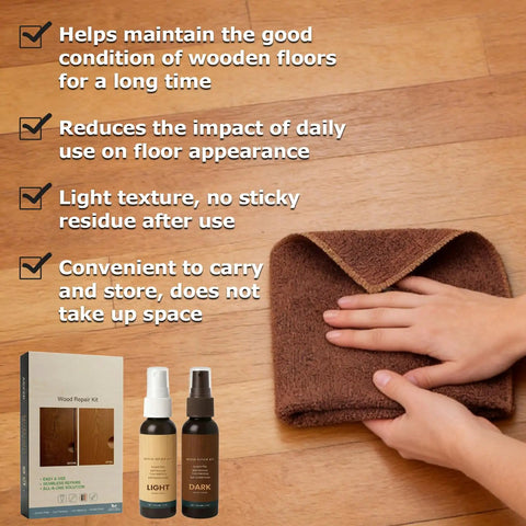 Two Piece Wood Repair Kit For Floors And Furniture Repair Scratches And Nicks Easy Fix That Restores Finish No Sanding Needed Includes Towels For Hardwood Floors Wood Cabinets And Furniture with hands applying towel on floor