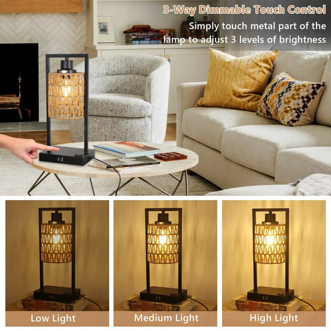 Farmhouse Rattan Table Lamps Set of 2 with Boho Vibe, dimmable lighting display, touch control bedside use, living room setting