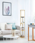 62.5 Inch Round Modern Shelf Etagere Floor Lamp With USB Ports And Outlet Linen Shade In Soft Light Pink Finish in living room