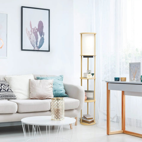 62.5 Inch Round Modern Shelf Etagere Floor Lamp With USB Ports And Outlet Linen Shade In Soft Light Pink Finish in living room