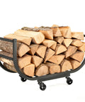 Heavy Duty Firewood Rack With Casters For Indoor Or Outdoor Use Matte Black Wood Carrier On Wheels stacked with logs