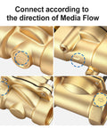 Close-up of Three Eighths Inch Brass Electric Solenoid Valve 12 Volt DC Normally Closed For Water And Air Lines with media flow directions.
