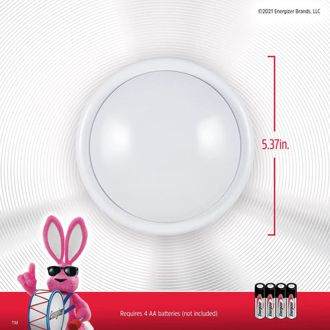 Close-up view of Battery Operated LED Tap Light with 5.37-inch size, requires 4 AA batteries, for under cabinet lighting.