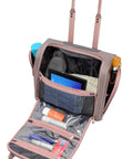 Newcastle 15-Inch Underseat Roller Luggage Carry-On, Rose Charcoal Herringbone, open to show compartments and telescoping handles
