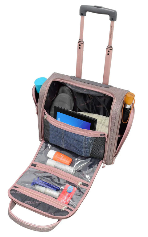 Newcastle 15-Inch Underseat Roller Luggage Carry-On, Rose Charcoal Herringbone, open to show compartments and telescoping handles