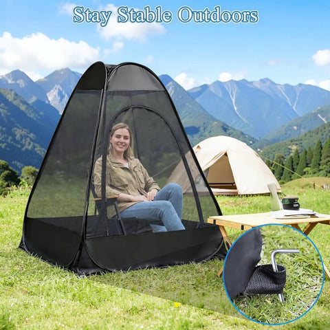 Person inside One Person Pop Up Mosquito Net Tent With Mesh Shelter, Instant No Fuss One Second Setup, Single Person Camping Shelter