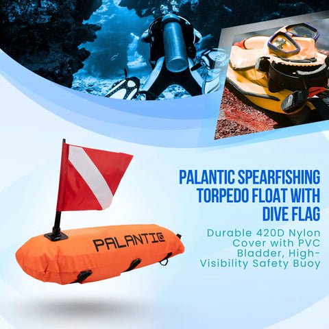 Durable Nylon Torpedo Float For Scuba Diving And Spearfishing With Orange Dive Flag Included 16 By 8 Inches 420D Outer Cover And PVC Bladder 7.5 By 7.5 Inches Flag Size Great For Gear Recovery And Buoy Line