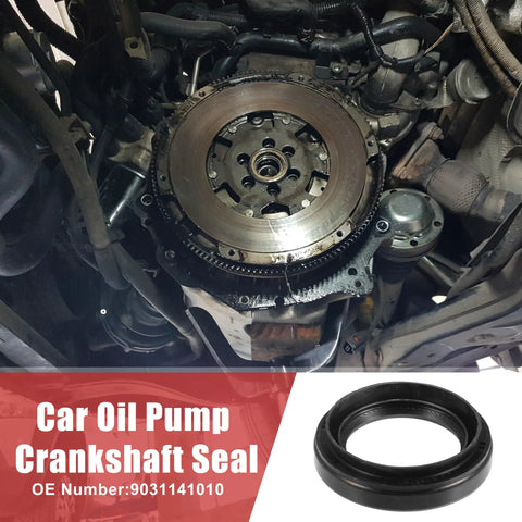 Installed crankshaft seal on engine crankshaft area; black rubber seal with metal outer ring near flywheel