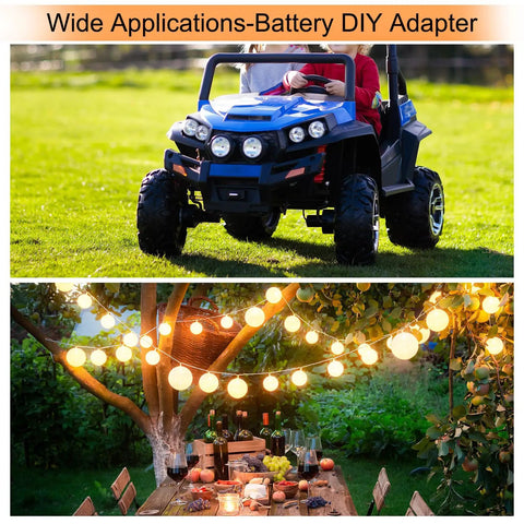 Two scenes showcasing the Plug And Play Battery Adapter Converter Kit For DIY RC Cars And Trucks 12V Battery Ready 12 AWG Wire Harness Connector Red 2 Pieces Easy Install Secure Fit For Custom Builds being used in an RC car and a garden lighting project.