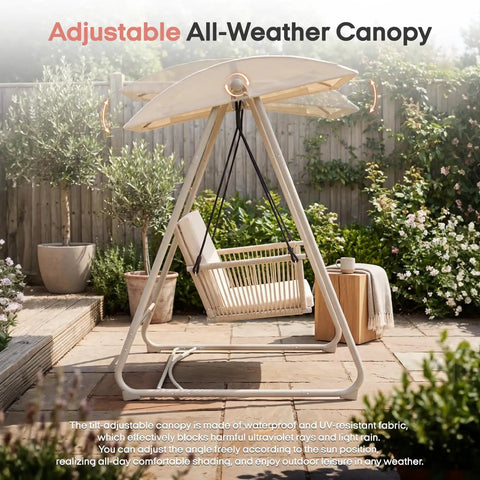 Outdoor Patio Swing Chair With Adjustable Canopy, Heavy Duty Triangular Frame, Single Seat Garden Hammock Swing in backyard