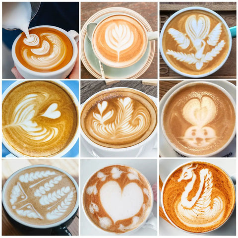Collage of lattes with intricate latte art designs showcasing creative possibilities for home baristas using milk frothing pitchers.