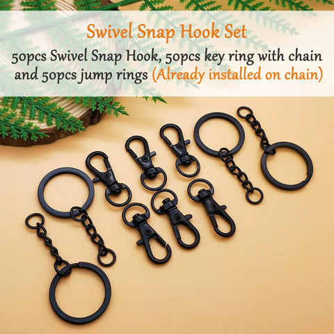 Chill Out With This Badass 150 Piece Black Swivel Snap Hook And Key Chain Kit featuring various black hooks and rings.