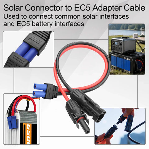 Hot Solar Connector To EC5 Adapter Cable With Heavy Duty 10 AWG Copper Wiring Designed For Rock Solid Connections On Portable Power Stations And Battery Charging Gear Your Rig Needs This Bad Ass Solution, showing connectors for solar and battery interface.