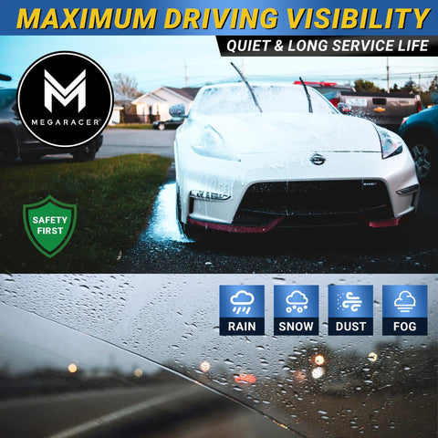 Hella Tough Silicone Windshield Wiper Blades Two Pack Front Driver And Passenger Zero Hassle Setup For J Hook Arm Mounts On American Cars Trucks And Suv All Season Grip on a white car in rain.