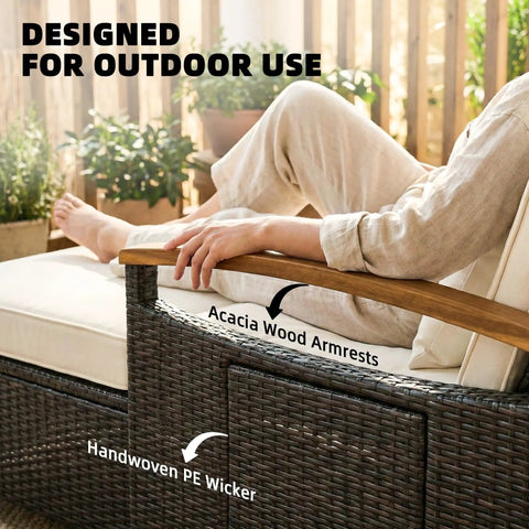 Rattan Outdoor Daybed With Storage Ottoman And Four In One Functionality Adjustable Backrest In Four Positions Folding Side Trays Acacia Wood Armrests Double Sun Lounger With Cushions And Pillows Beige, showing armrest detail and wicker design.