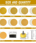 All In One 410 Piece 1 Inch Sanding Disc Kit With Hook And Loop Backing Pads for drill use showing disc sizes and grit options.