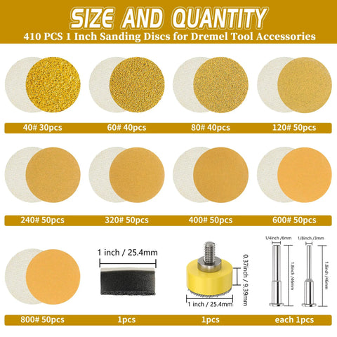 All In One 410 Piece 1 Inch Sanding Disc Kit With Hook And Loop Backing Pads for drill use showing disc sizes and grit options.