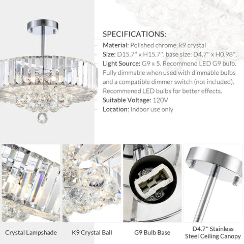 Raindrop Crystal Chandelier With Five Lights, round pendant ceiling light in polished chrome, features K9 crystal and downrod fixture
