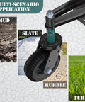 Heavy Duty 6 Inch Gate Wheels 2 Pack With Spring Loaded Shock Absorption mounted on a bracket, showing use on mud, slate, rubble, and turf.