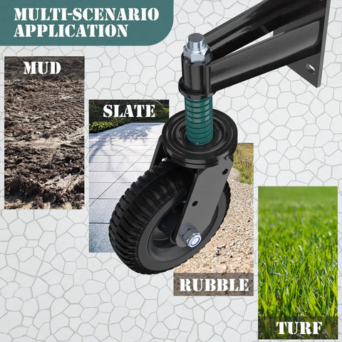 Heavy Duty 6 Inch Gate Wheels 2 Pack With Spring Loaded Shock Absorption mounted on a bracket, showing use on mud, slate, rubble, and turf.