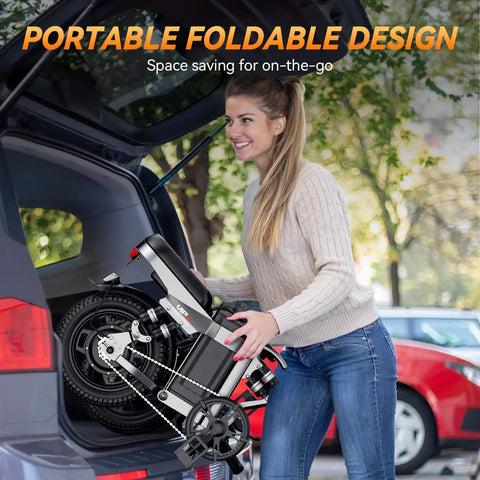 Woman lifting Beast Of A Foldable Electric Bike For Adults, 1000W Peak into car trunk, showcasing portability and design.