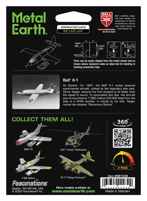 Back of the Bell X-1 3D Metal Model Kit packaging showing assembly instructions and additional model options.
