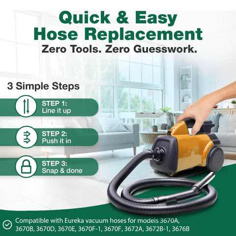 Quick and easy hose replacement for Eureka vacuums with 3-step instructions, featuring Vacuum Hose Replacement For Mighty Mite Vacuum Cleaners.
