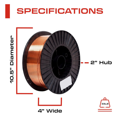 ER70S-6 MIG Welding Wire.035 Inch, 33 Lb Spool with copper plating on black spool, 10.5” diameter, 2” hub, 4” width