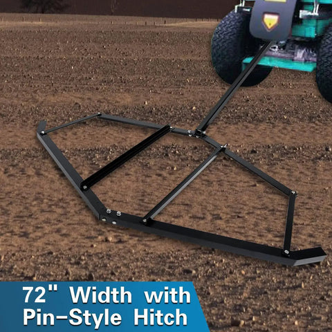 Tow Behind Drag Harrow With Pin Style Hitch 72 Inch Width Driveway Grader for ATVs UTVs Garden Tractors on dirt field