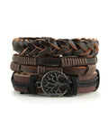 Genuine Leather Tree Of Life Bracelet For Men And Women Featuring A Dope Growth Symbol That Rocks With Any Fit Made Into A Hella Legit Gift For Birthdays Or Anniversary Dates, stacked brown leather and braided straps.