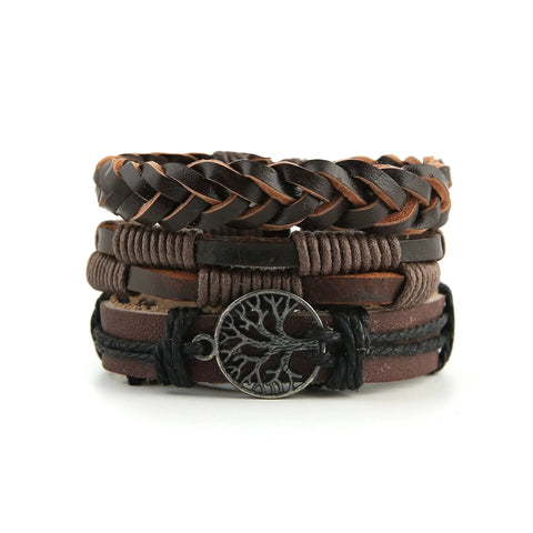 Genuine Leather Tree Of Life Bracelet For Men And Women Featuring A Dope Growth Symbol That Rocks With Any Fit Made Into A Hella Legit Gift For Birthdays Or Anniversary Dates, stacked brown leather and braided straps.