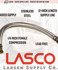 Braided Stainless Steel Ice Maker Water Line 12 Inch With One Quarter Inch Female Compression Ends Lead Free UPC Approved