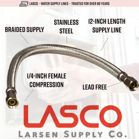Braided Stainless Steel Ice Maker Water Line 12 Inch With One Quarter Inch Female Compression Ends Lead Free UPC Approved