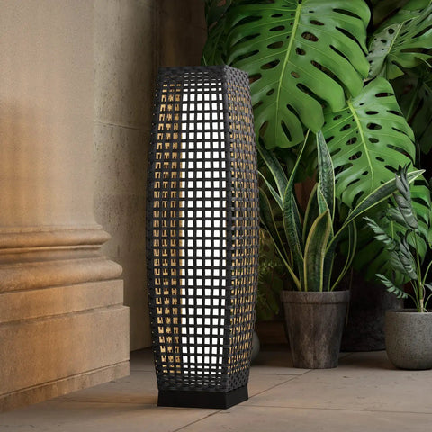 Outdoor Solar Powered Floor Lamp With Weatherproof Wicker Lantern For Garden Or Porch, large silver gray lamp with plants