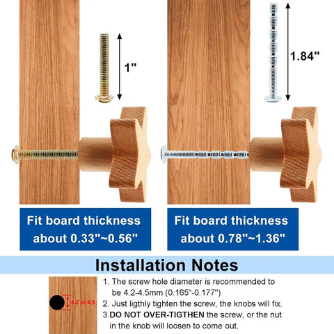 Installation guide for Totally Sweet Wooden Cabinet Knobs Moon Star And Cloud Shapes 6 Piece Set, showing board thickness compatibility.