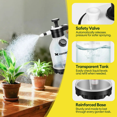 Clear 0.4 Gallon Hand Pump Sprayer for Indoor Plants with safety valve, transparent tank, reinforced base on a wooden table.