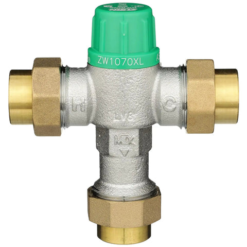 Aqua-Gard Thermostatic Mixing Valve Three Quarter Inch with green cap, ZW1070XL model, brass connections, low lead certified.