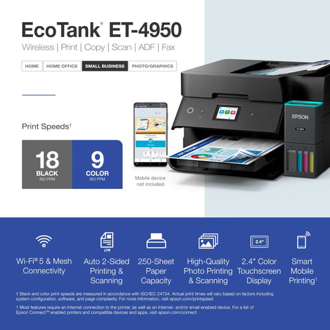 EcoTank ET-4950 Wireless All-In-One Printer With Refillable Ink Tanks, Great For Home Office, Crisp 4800 X 1200 DPI, Fast 18 PPM